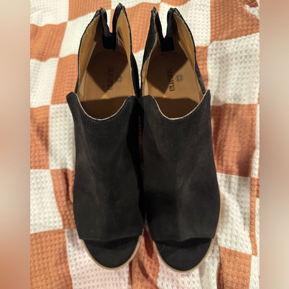 black suede open toe bootie